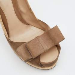 Pre Owned Fendi Beige/Brown Suede And Jute Bow Detail Peep Toe Platform Pumps Size 38