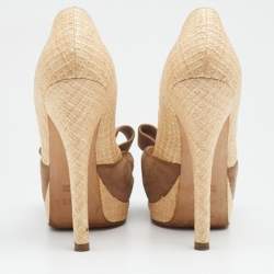 Pre Owned Fendi Beige/Brown Suede And Jute Bow Detail Peep Toe Platform Pumps Size 38