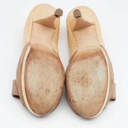 Pre Owned Fendi Beige/Brown Suede And Jute Bow Detail Peep Toe Platform Pumps Size 38