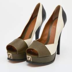 Fendi Tricolor Iguana Leather Fendista Peep Toe Platform Pumps Size 41