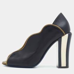 Pre Owned Fendi Black/Olive Green Wave Leather Foldable Heel Peep Toe Pumps Size 37