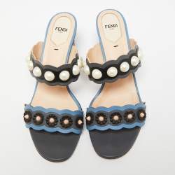 مملوكة مسبقًا Fendi Multicolor Leather Faux Pearl Embellished Slide Sandals Size 40