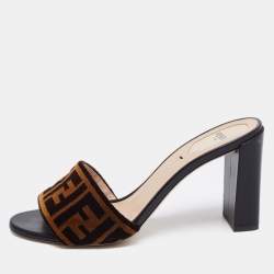 Pre Owned Fendi Brown/Black FF Logo Velvet Slide Sandals Size 39