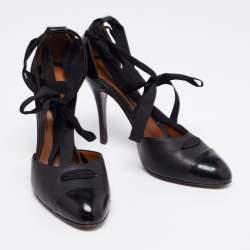 Pre Owned Fendi Black Leather Cap Toe Ankle Wrap Sandals Size 38.5