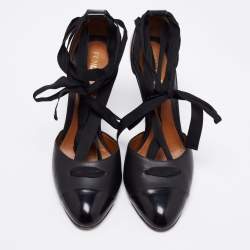 Pre Owned Fendi Black Leather Cap Toe Ankle Wrap Sandals Size 38.5