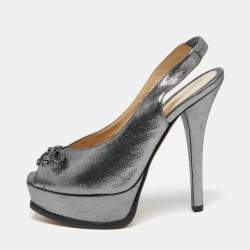 Fendi Metallic Grey Suede Fendista Peep Toe Slingback Platform Sandals Size 38.5