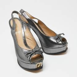 Fendi Metallic Grey Suede Fendista Peep Toe Slingback Platform Sandals Size 38.5