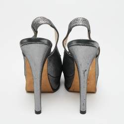 Fendi Metallic Grey Suede Fendista Peep Toe Slingback Platform Sandals Size 38.5