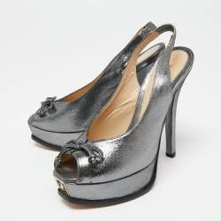 Fendi Metallic Grey Suede Fendista Peep Toe Slingback Platform Sandals Size 38.5