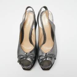 Fendi Metallic Grey Suede Fendista Peep Toe Slingback Platform Sandals Size 38.5