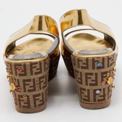 Pre Owned Fendi Metallic Gold Leather and Zucchino Canvas Slingback Wedge Sandals Size 37.5