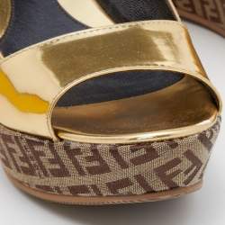 Pre Owned Fendi Metallic Gold Leather and Zucchino Canvas Slingback Wedge Sandals Size 37.5