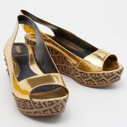 Pre Owned Fendi Metallic Gold Leather and Zucchino Canvas Slingback Wedge Sandals Size 37.5