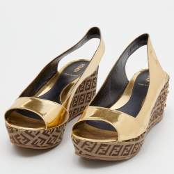 Pre Owned Fendi Metallic Gold Leather and Zucchino Canvas Slingback Wedge Sandals Size 37.5