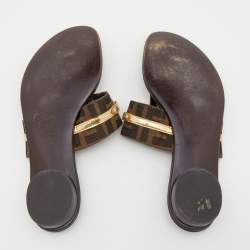 Pre Owned Fendi Metallic Gold/Brown Leather And Zucca Canvas Flat Thong Sandals Size 37