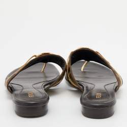 Pre Owned Fendi Metallic Gold/Brown Leather And Zucca Canvas Flat Thong Sandals Size 37