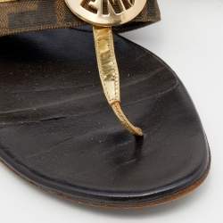 Pre Owned Fendi Metallic Gold/Brown Leather And Zucca Canvas Flat Thong Sandals Size 37