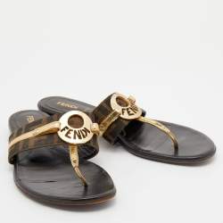 Pre Owned Fendi Metallic Gold/Brown Leather And Zucca Canvas Flat Thong Sandals Size 37