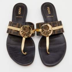 Pre Owned Fendi Metallic Gold/Brown Leather And Zucca Canvas Flat Thong Sandals Size 37