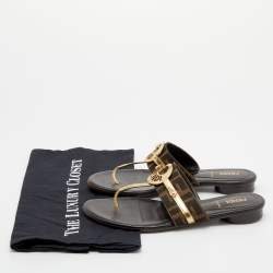Pre Owned Fendi Metallic Gold/Brown Leather And Zucca Canvas Flat Thong Sandals Size 37