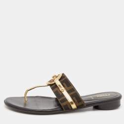 Pre Owned Fendi Metallic Gold/Brown Leather And Zucca Canvas Flat Thong Sandals Size 37