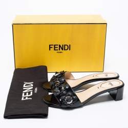 Pre Owned Fendi Black Patent Leather Flower Embellished Open Toe Slide Sandals Size 36