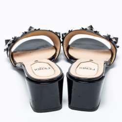 Pre Owned Fendi Black Patent Leather Flower Embellished Open Toe Slide Sandals Size 36