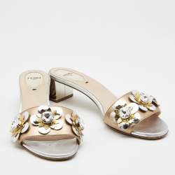 Pre Owned Fendi Metallic Bronze/Silver Leather Flowerland Sandals Size 38