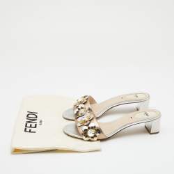 Pre Owned Fendi Metallic Bronze/Silver Leather Flowerland Sandals Size 38