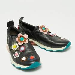 Pre Owned Fendi Black Leather Flowerland Slip On Sneakers Size 40