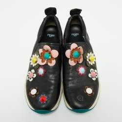 Pre Owned Fendi Black Leather Flowerland Slip On Sneakers Size 40
