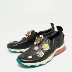 Pre Owned Fendi Black Leather Flowerland Slip On Sneakers Size 40