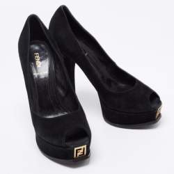 Pre Owned Fendi Black Suede Fendista Peep-Toe Platform Pumps Size 38.5