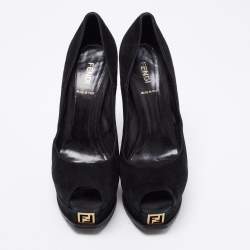 Pre Owned Fendi Black Suede Fendista Peep-Toe Platform Pumps Size 38.5