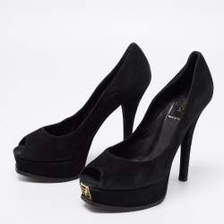 Pre Owned Fendi Black Suede Fendista Peep-Toe Platform Pumps Size 38.5