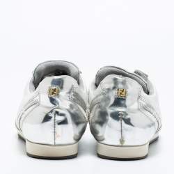 Pre Owned Fendi Silver/White Leather Low Top Sneakers Size 39