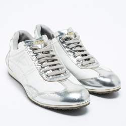 Pre Owned Fendi Silver/White Leather Low Top Sneakers Size 39