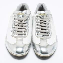 Pre Owned Fendi Silver/White Leather Low Top Sneakers Size 39