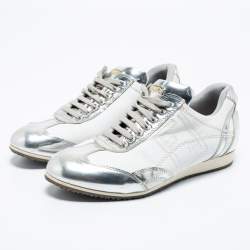 Pre Owned Fendi Silver/White Leather Low Top Sneakers Size 39