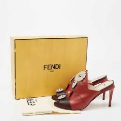 مملوكة مسبقًا Fendi Red/Dark Brown Leather Flowerland Mule Sandals Size 38.5