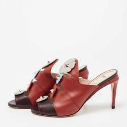 مملوكة مسبقًا Fendi Red/Dark Brown Leather Flowerland Mule Sandals Size 38.5