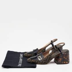 Pre Owned Fendi Tobacco/Black Zucca Canvas and Croc Embossed Leather Promenade Slingback Sandals Size 40