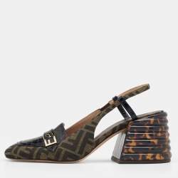 Pre Owned Fendi Tobacco/Black Zucca Canvas and Croc Embossed Leather Promenade Slingback Sandals Size 40