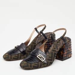 Pre Owned Fendi Tobacco/Black Zucca Canvas and Croc Embossed Leather Promenade Slingback Sandals Size 40