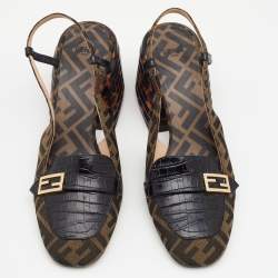 Pre Owned Fendi Tobacco/Black Zucca Canvas and Croc Embossed Leather Promenade Slingback Sandals Size 40