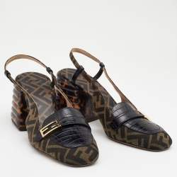 Pre Owned Fendi Tobacco/Black Zucca Canvas and Croc Embossed Leather Promenade Slingback Sandals Size 40