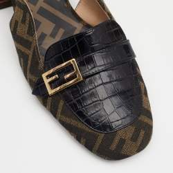 Pre Owned Fendi Tobacco/Black Zucca Canvas and Croc Embossed Leather Promenade Slingback Sandals Size 40