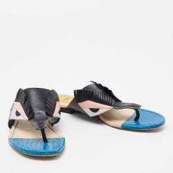 Pre Owned Fendi Multicolor Croc Embossed and Leather Bug Monster Thong Sandals Size 40