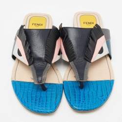 Pre Owned Fendi Multicolor Croc Embossed and Leather Bug Monster Thong Sandals Size 40