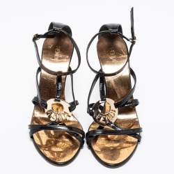 مملوكة مسبقًا Fendi Black Patent Leather Strappy Ankle Strap Sandals Size 38.5